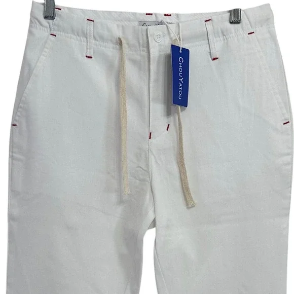 Chouyatou Linen Blend Pants Womens Small White Drawstring Coastal Chino - Picture 2 of 6